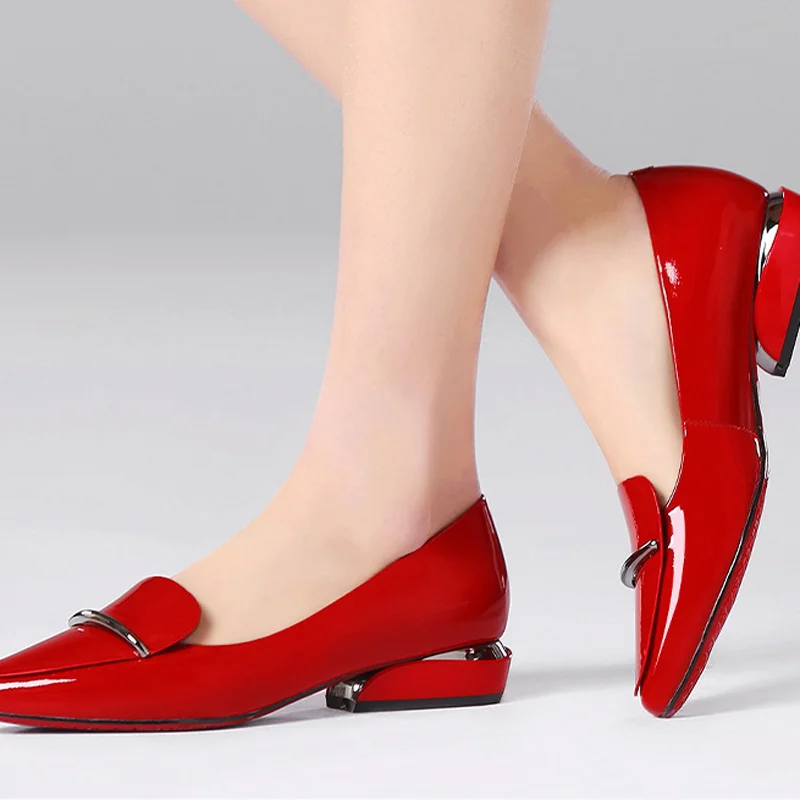 

Bright Leather Sexy Ladies Pumps Women Shoes Woman Pumps New Block Mid Heels Pointed Toe Slip on Office Pumps Party Casual Shoes