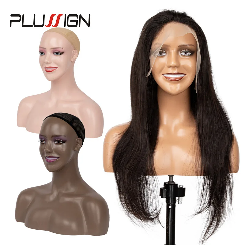 African American Female Mannequin Head With Shoulders Black Lip Wig Display Stand Pierce Ear Holes Realistic Model With Eyelash