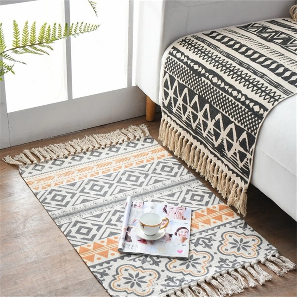 

Retro Tassel Rugs Cotton Linen Woven Carpet Bohemian Style Floor Mat Bedroom Living Room Carpet Decorative Blanket