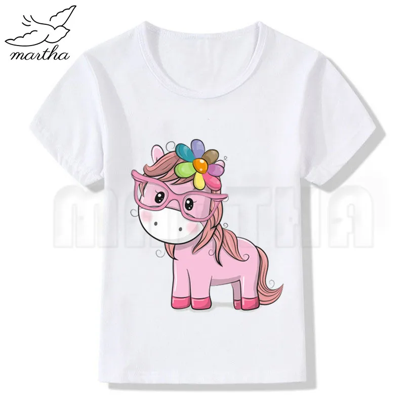 Милая детская белая футболка с изображением единорога одежда короткими рукавами