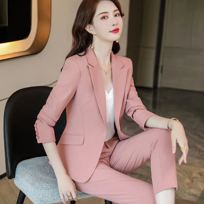 S-4XL  Pink Suit Women's Autumn and Winter Fashion Temperament Slim Office Blazer Casual Nine-point Pants Two-piece Set