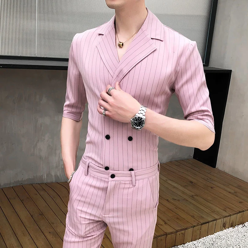 

Short Sleeve Stripe Shirt And Pant Slim Fit Cuban Collar Shirt Pink White Double Breasted Summer 2 Pieces Outfit Matching Set