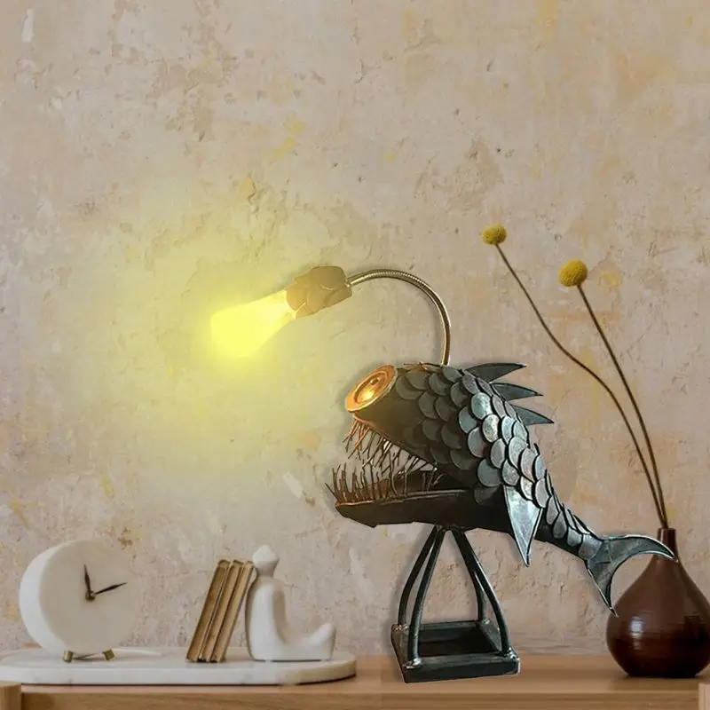 

1 PCS Metal Angler Fish Lamp Retro Led Night Light Unique Novel Night Light With Iron Base Suitable For Bedroom Living Room Deco