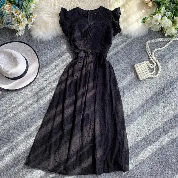 Однотонное винтажное элегантное женское платье без рукавов с оборками А-силуэта