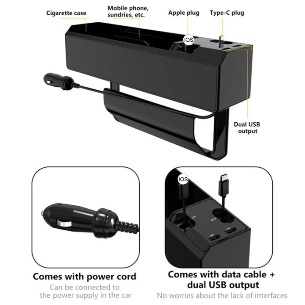 

Car Seat Crevice Storage Box ABS Auto Interior Organizer Seat Side Pocket Box IOS QC3 Charge Wire USB Port Interior Accessories