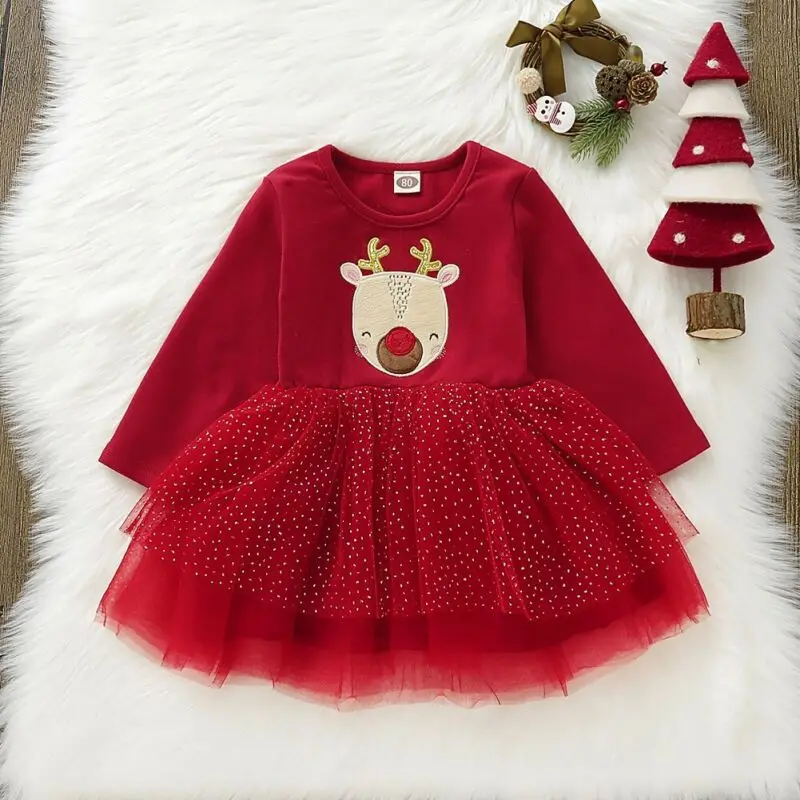 Baby Dress 2019 Christmas Toddler Infant Girl Xmas Clothes Long Sleeve Lace Tutu | Мать и ребенок