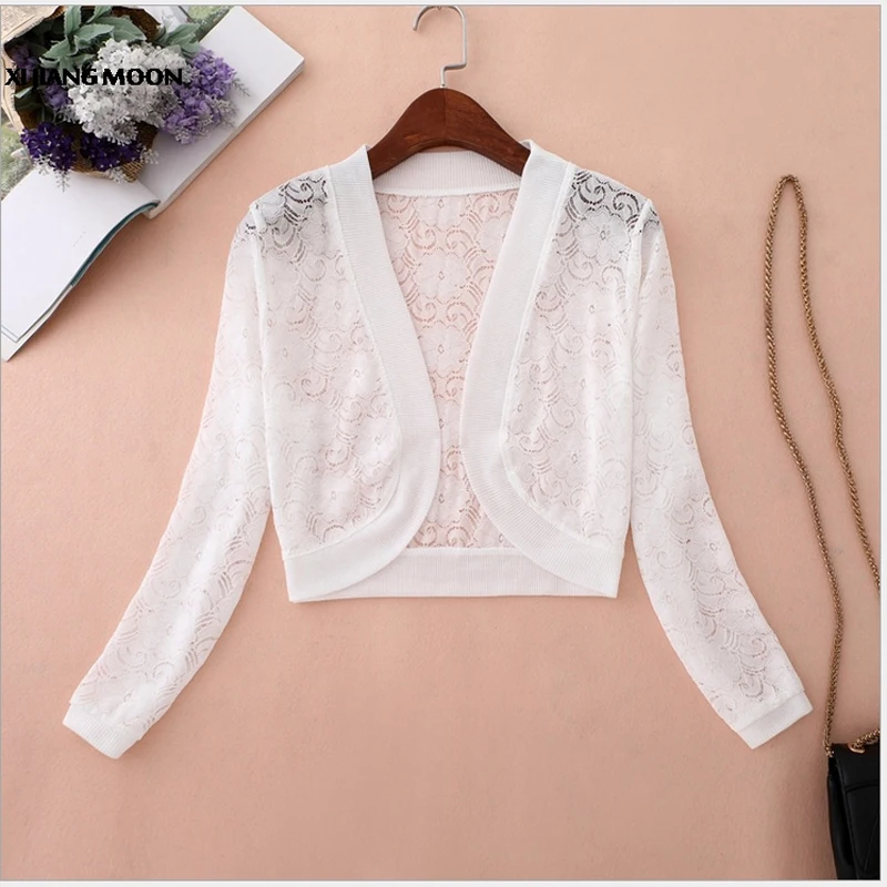 Женский ажурный короткий кардиган вязаный крючком свитер с длинным рукавом и V