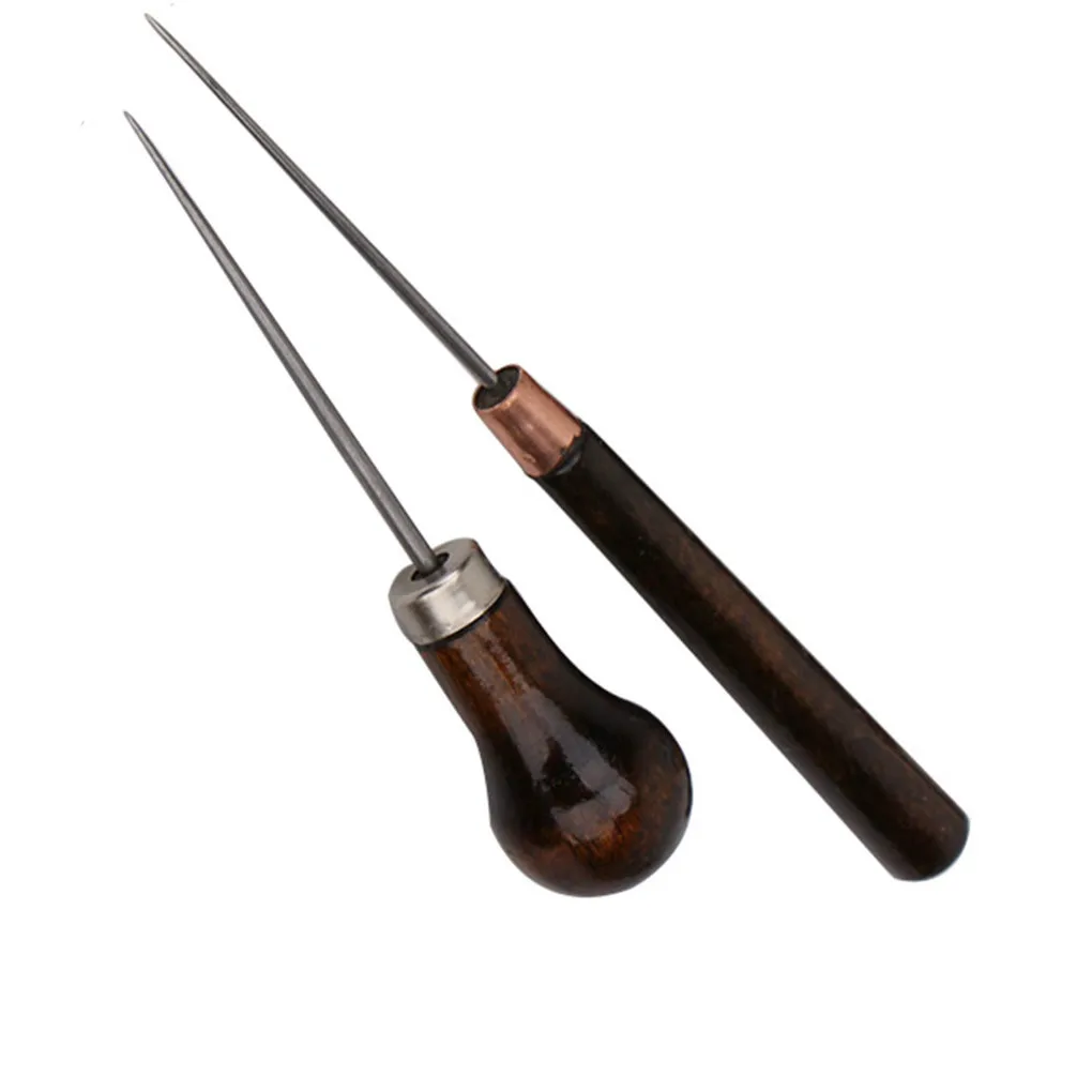 

2 Pcs Solid Wood Handle Drillable Awl Leather Craft Cloth Professional Stitching Sewing Repair Tools