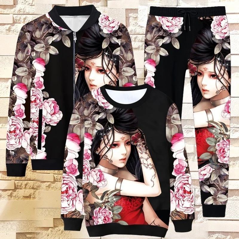 

Street High Mens Casual Sports 3Pcs Outfits Long Sleeve O-Neck Sweatshirts Drawstring Waist Full Length Pants Plus Size M-5XL