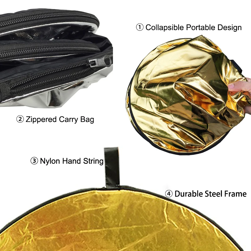 60cm Collapsible Reflector Portable Round Eye Light Gold Silver Diffuser for Outdoor Studio Photo Vlog Soft Photography Lighting |