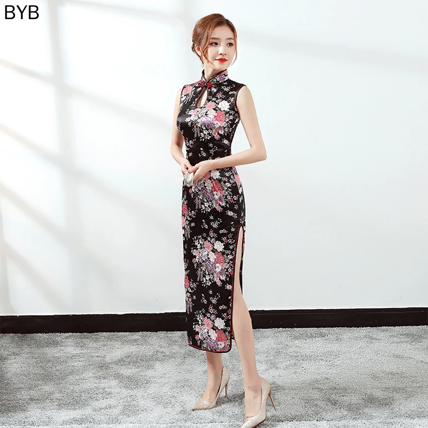Длинные Стильные женские цветочные китайские традиционные костюмы Qipao Cheongsam