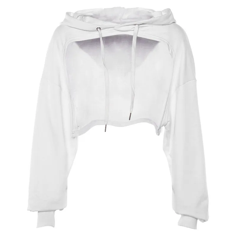 

Autumn Women Short Hooded Irregular Hoodie Solid Color Long Sleeve Sweatshirt Top