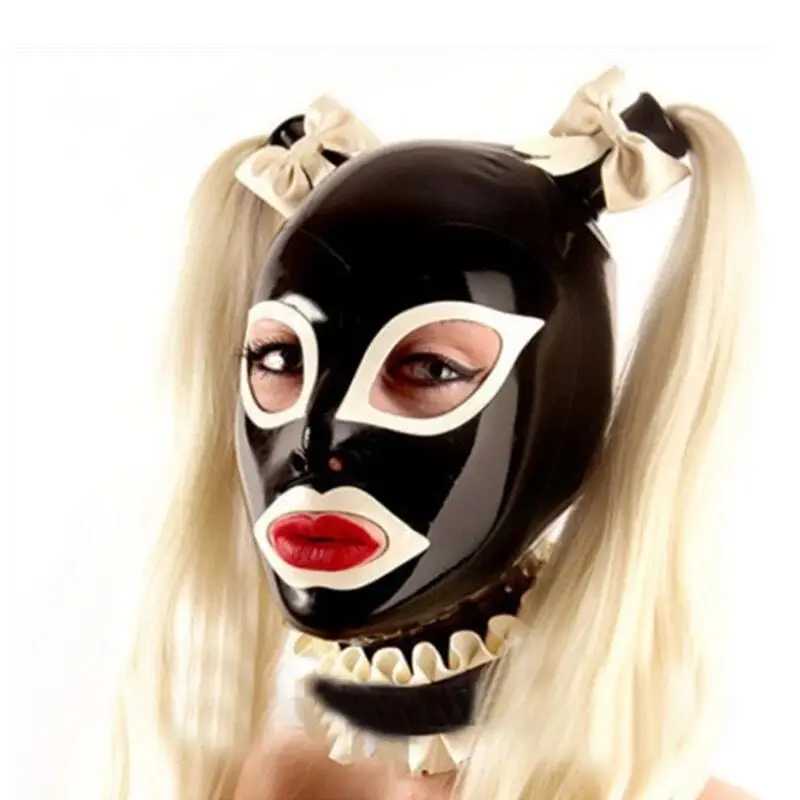 Сексуальная черная латексная резиновая маска с капюшоном парики банты на шею |