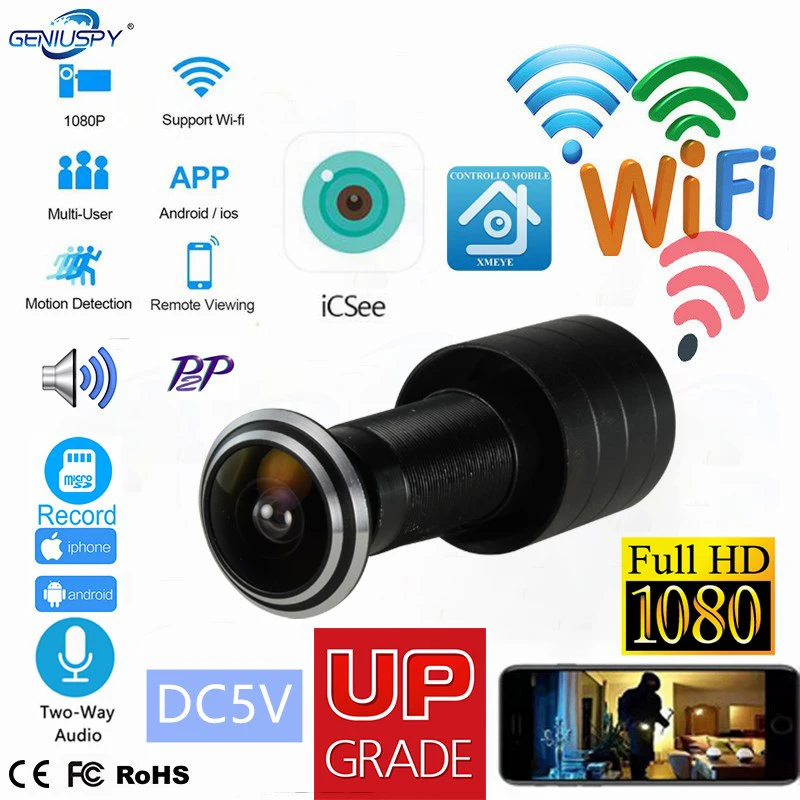 Door Eye Hole Security 1080P HD  1.7mm Lens Wide Angle FishEye CCTV Network Mini Peephole Door WifI P Camera P2P TF Card