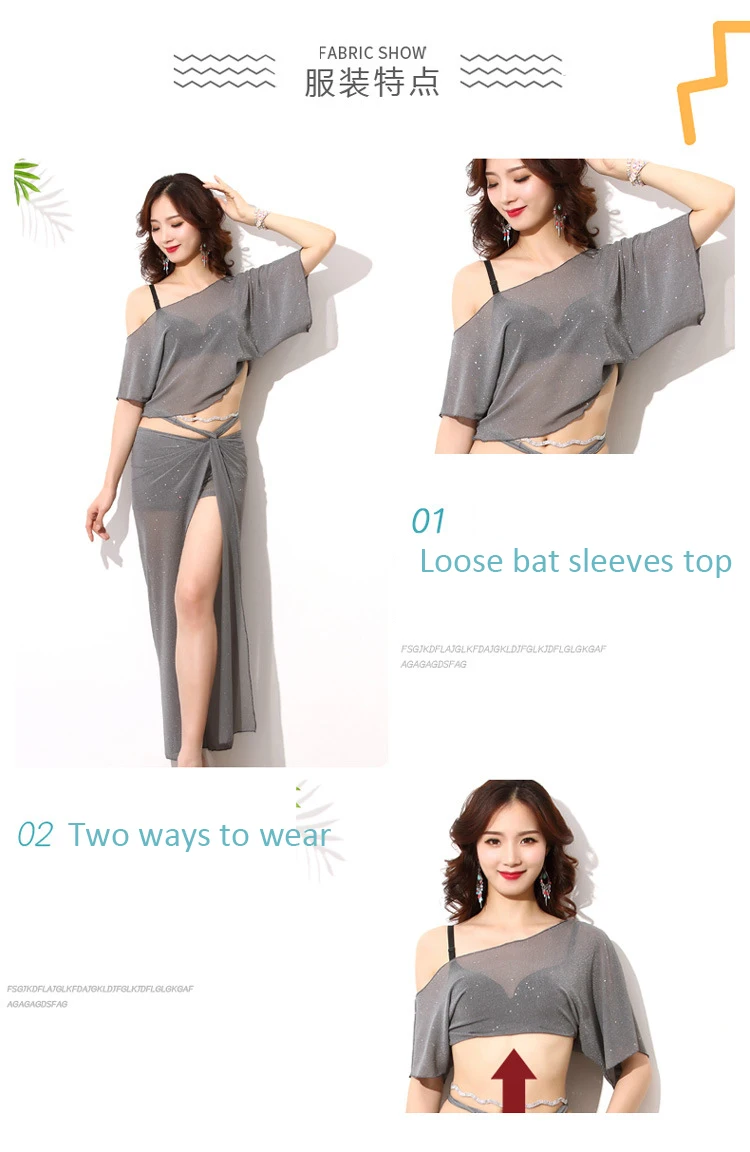 

Silver Silk Mesh Belly Dance Costumes Practice Set OrientalDance Bellydance Hip Scarf Top+Skirt Sexy Split Dress Set For Women