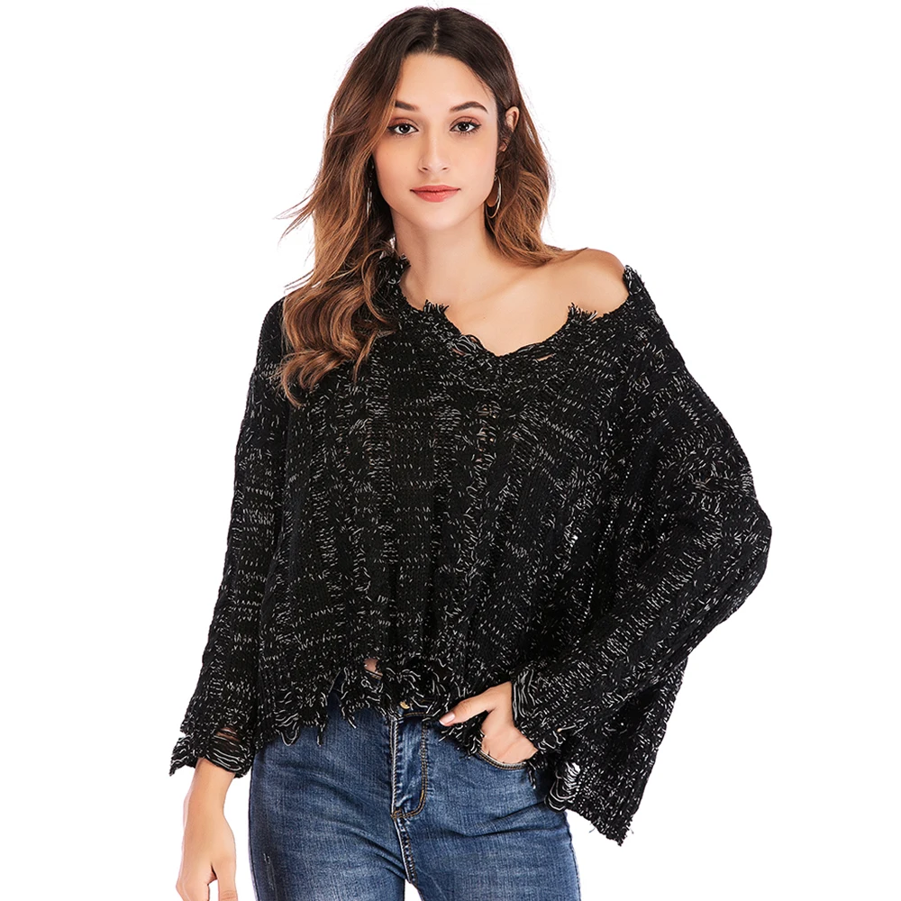 Autumn Winter Sweater Women 2019 Casual Warm Knitted Ripped Sweaters Sexy V Neck Long Sleeve Elegent Oversize Female | Женская одежда
