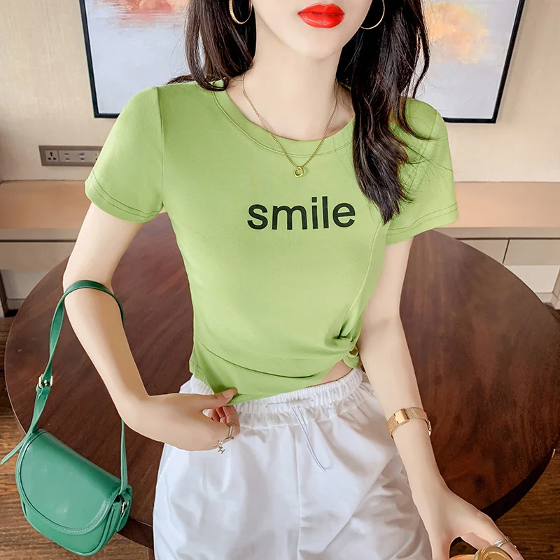 

Women's design of short top 2021 new women's summer wear Korean fashion letter print knot short sleeve T-shirt