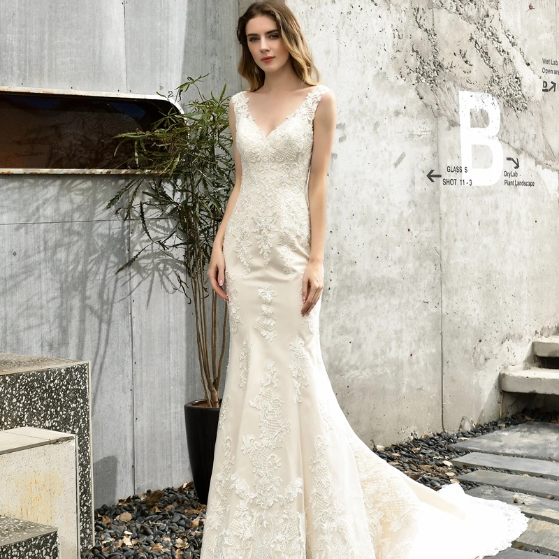 

Vestidos De Novia 2020 New Sleeveless V-Neck Mermaid Wedding Dress Beading Lace Bridal Dress Sexy Backless Princess Wedding Gown
