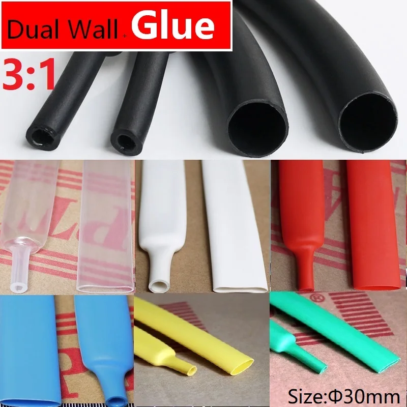 

1.22M 30mm Diameter PE 3:1 Ratio Heat Shrink Tube Adhesive Lined Dual Wall With Thick Glue Wire Wrap Waterproof Kit Cable Sleeve