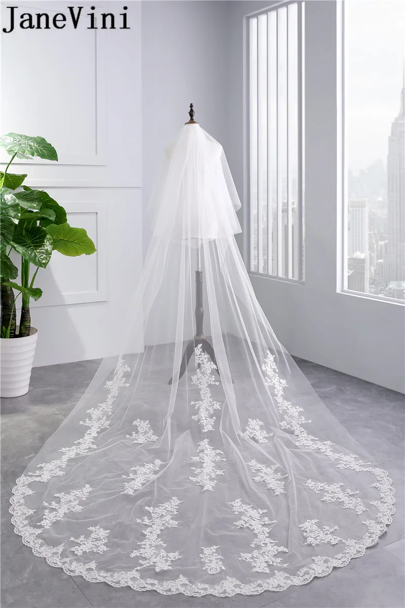 JaneVini 2 слоя собора Длинная свадебная фата белая кружевная кромка Аппликация
