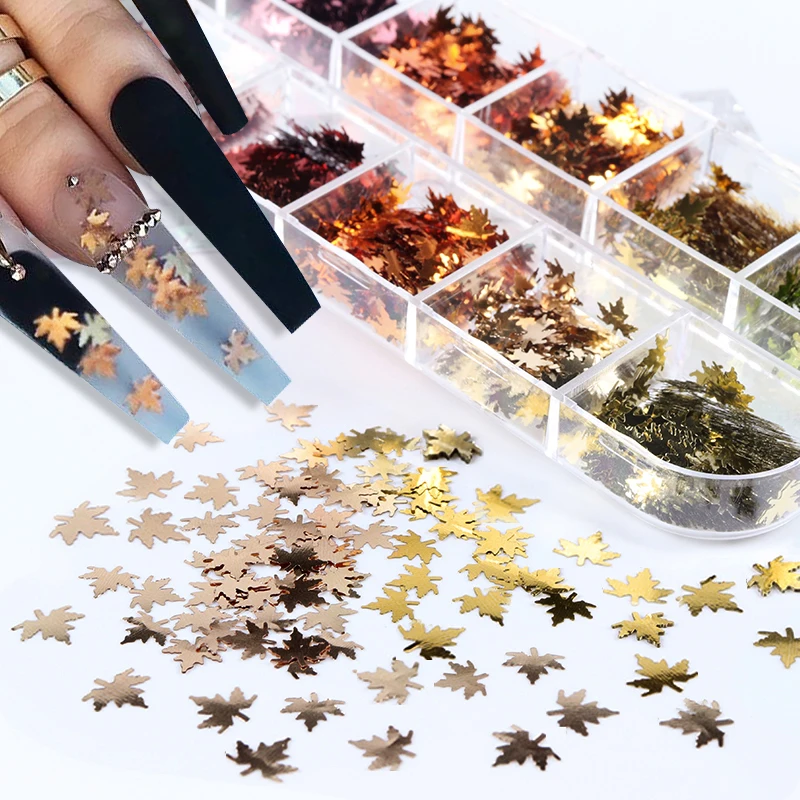 

3D Mirror Sparkly Fall Maple Leaf Sequins Glitter Flakes For Nail Art Decorations UV Polish Xmas Manicure Autumn Design RK140163