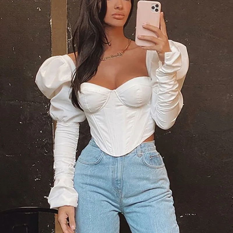 

Sexy Deep V-neck Crop Tops White Puff Sleeve Crop Top Women Elegant Bubble Sleeve Skinny Bodycon Tees Tank Top Corset