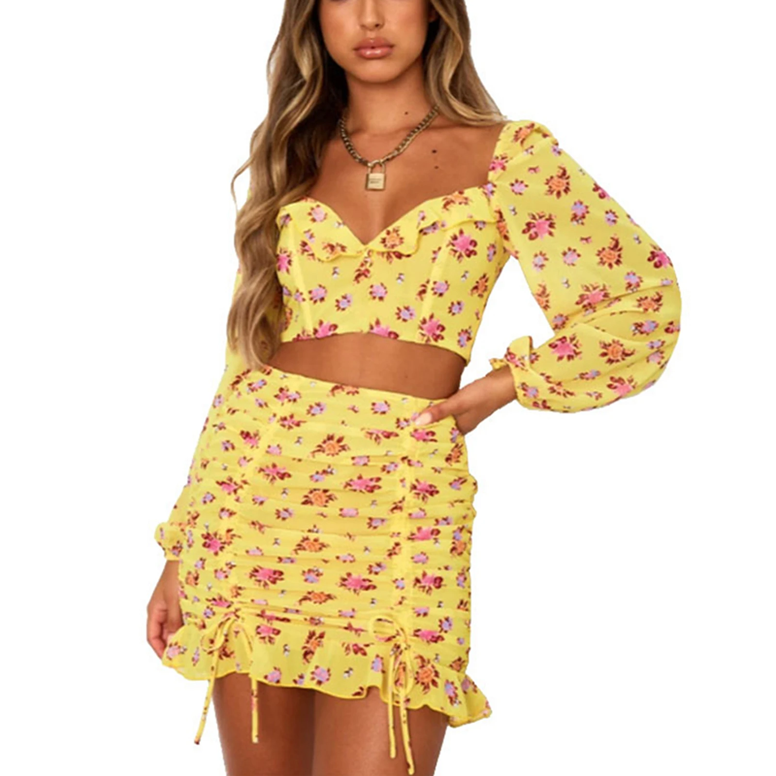 

Women Sexy Two-piece Clothes Set, Yellow Floral Printed Pattern Crop Tops and Skirt, S/ M/ L