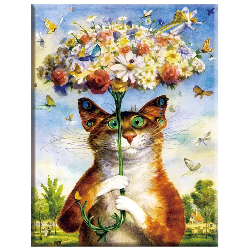 

5D DIY Diamond Painting Cat with Flowers Umbrella Embroidery Full Round Diamond Cross Stitch Rhinestone Mosaic Painting Decor