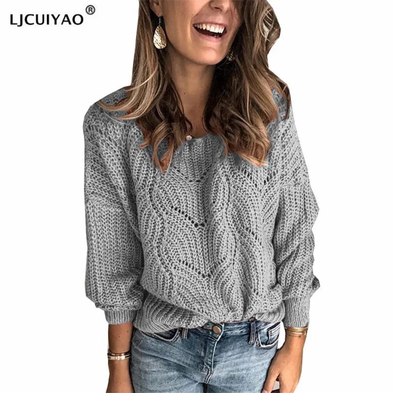 

Свитер LJCUIYAO женский с круглым вырезом, однотонный Повседневный мягкий ажурный пуловер оверсайз с длинным рукавом, вязаная одежда, весна-осе...
