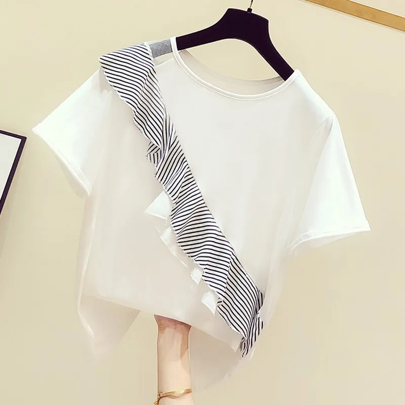 

Splicing Striped Ruffled Round Neck Short Sleeved T-shirt Female 2020 Summer New Casual Tops T Shirts White Shirt Student Tee
