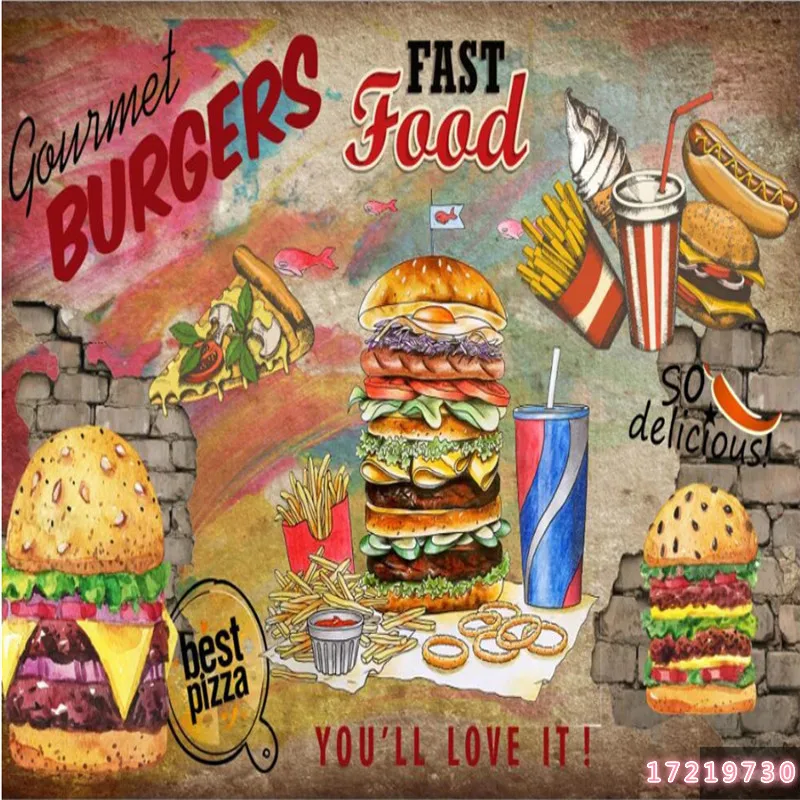 

Custom Burgers Fries Cola Graffiti Background Mural Wallpaper Fast Food Restaurant Snack Bar Industrial Decor Wall Paper 3D