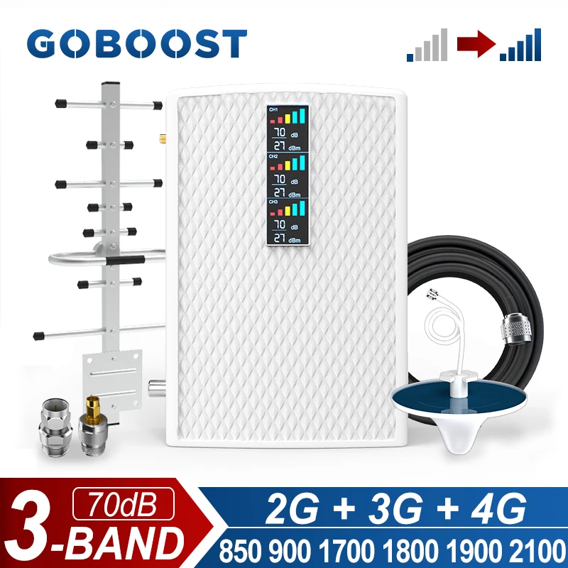 GOBOOST 3-Band 70dB Signal Booster 2G 3G 4G Cellular Amplifier 850 900 1700 1800 1900 2100 MHz Network Repeater Antenna Kit
