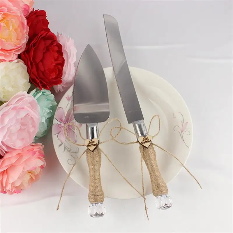 2 шт. торт Ножи комплект лопат Свадебная вечеринка из натурального джута ручки