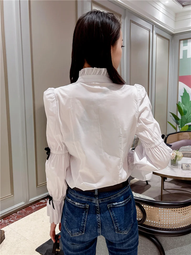 

Office Lady White Shirts Women Puff Sleeve Black Cotton Shirts Tops Women Work Wear White Cotton Shirt Blouses