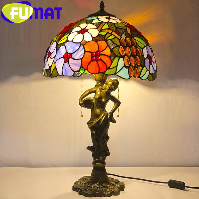 FUMAT Tiffany Style Table Lamp Stained Glass Angel Resin Multicolor Rose Flower Desk Light Home Decor Handcraft Art Lighting LED | Лампы и