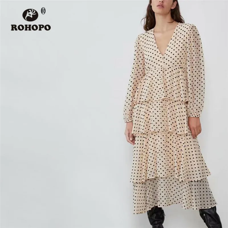 ROHOPO v образный вырез длинный рукав полк точка четыре слоя торт шифон хаки платье