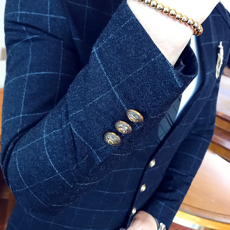 2021 осенний синий клетчатый костюм пиджак и брюки деловой Свадебный вечерний