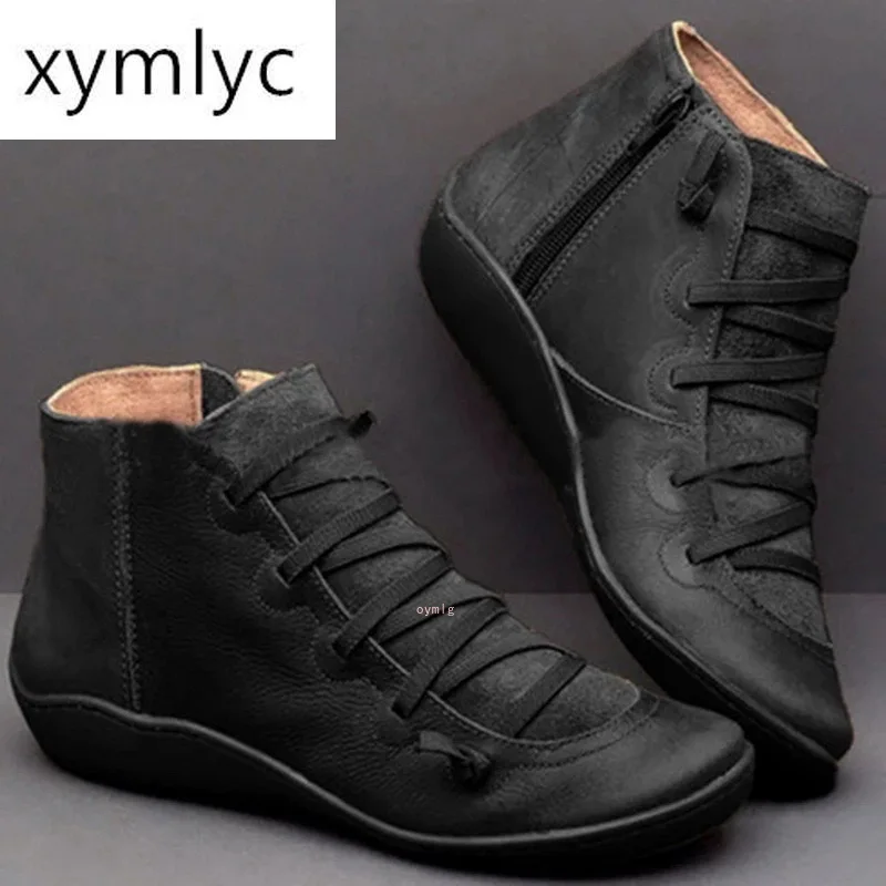 

Casual Boots 2020 Autumn Winter Retro Women Boots Fashion PU Leather Ankle Boots Zapatos De Mujer Wram Botas
