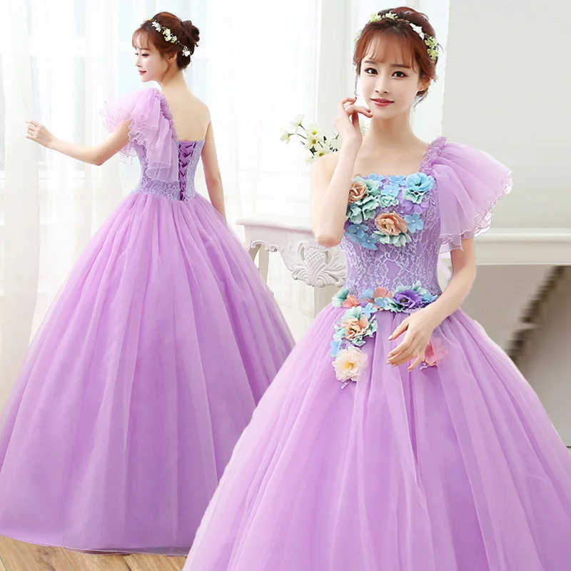 

Princess 3D-Floral Appliques Quinceanera Dresses Pageant One Shoulder Blue Tulle Puffy A Line Long Sweet 16 Prom Dress