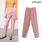 Брюки LVWOMN Za женские прямые с карманами, офисные элегантные штаны с завышенной талией, повседневные штаны розового и голубого цвета, 2021