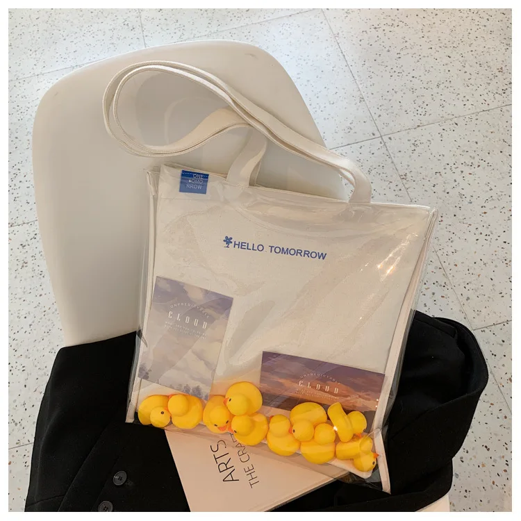 

Summer New Fashion Canvas Shopping Bag Pvc Clear Double Transparent Bag Waterproof Causal Tote Shoulder Bag Messenger Handbag