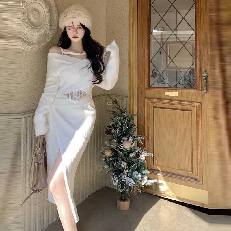 

Женский трикотажный облегающий костюм, Топ с длинным рукавом и V-образным вырезом и длинная юбка с разрезом, осень/зима 2021