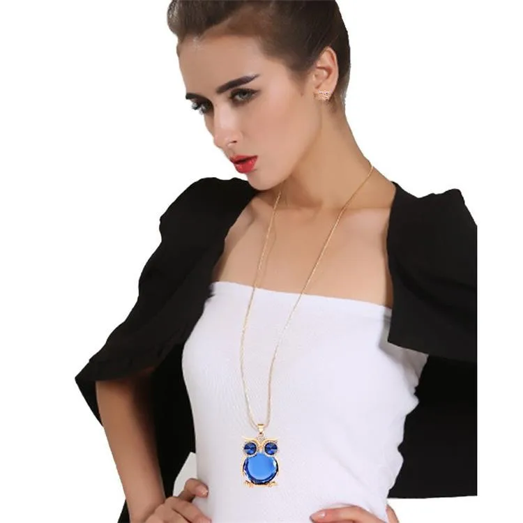

Popular Ladies Necklace Style Retro Cute Owl Mosaic Crystal Long Sweater Chain Necklace Jewelry Wholesale