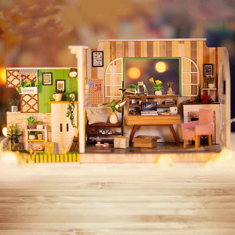 DIY Рабочая комната с мебелью Дети миниатюрный деревянный кукольный дом модель