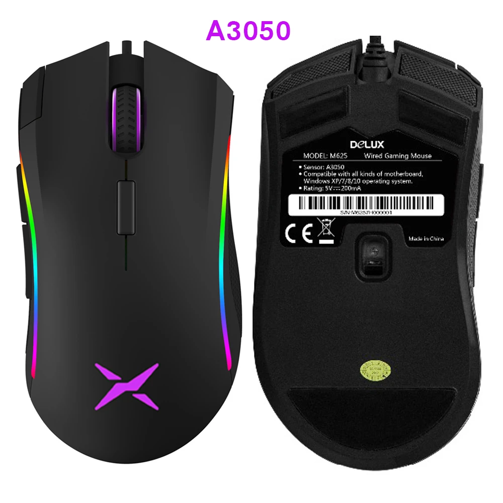 Delux A3050 Mouse Проводная игровая мышь Delux M625, оптическая мышь для геймера, 7D, компьютерная мышь Mause, макс. до 12000 dpi, игровые мыши с RGB подсветкой для ПК - Цвет: Delux A3050 Mouse