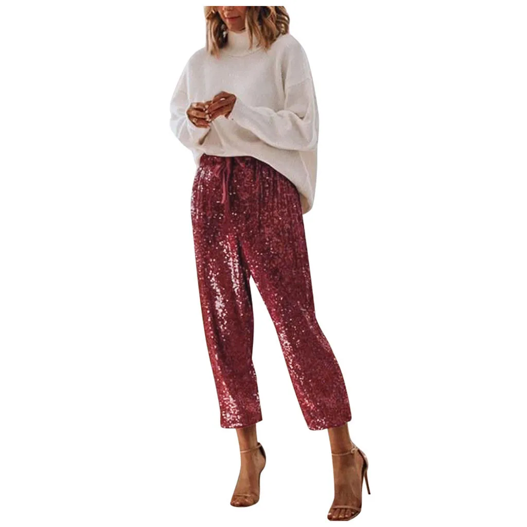 Женские брюки с высокой талией и блестками сексуальный стиль лента для ног
