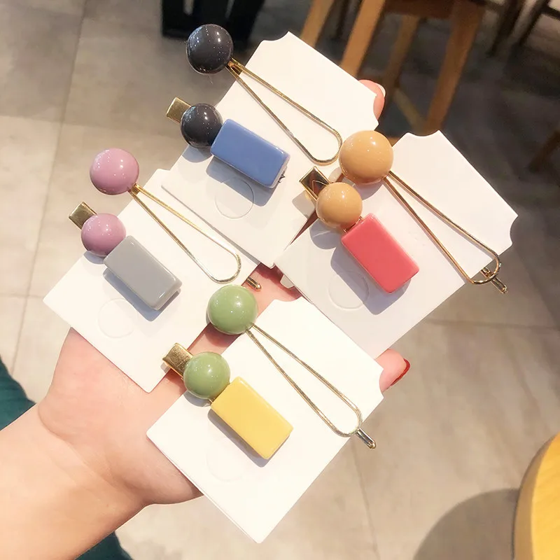 1SET Korea Acrylic Geometric Round Irregular Rectangle Hair Clips Candy Color Hairpins For Women Metal Accessories |
