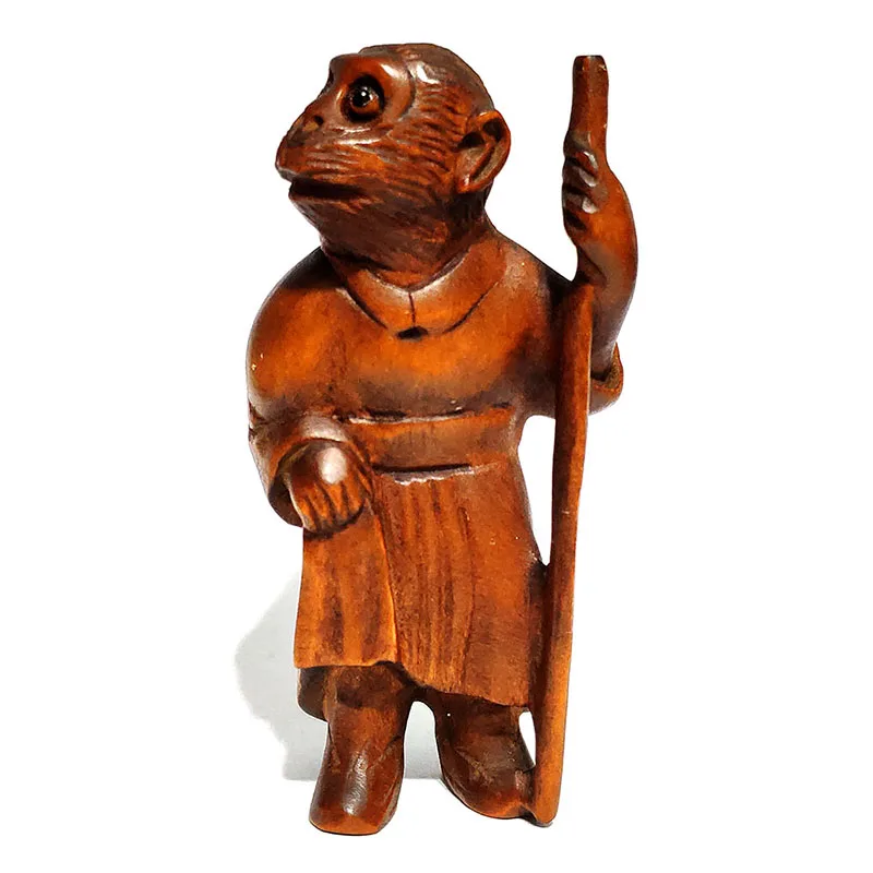Macaco com Vara Esculpida Japonês Boxwood Netsuke Estatueta Escultura: Y6170 – 2 Mão