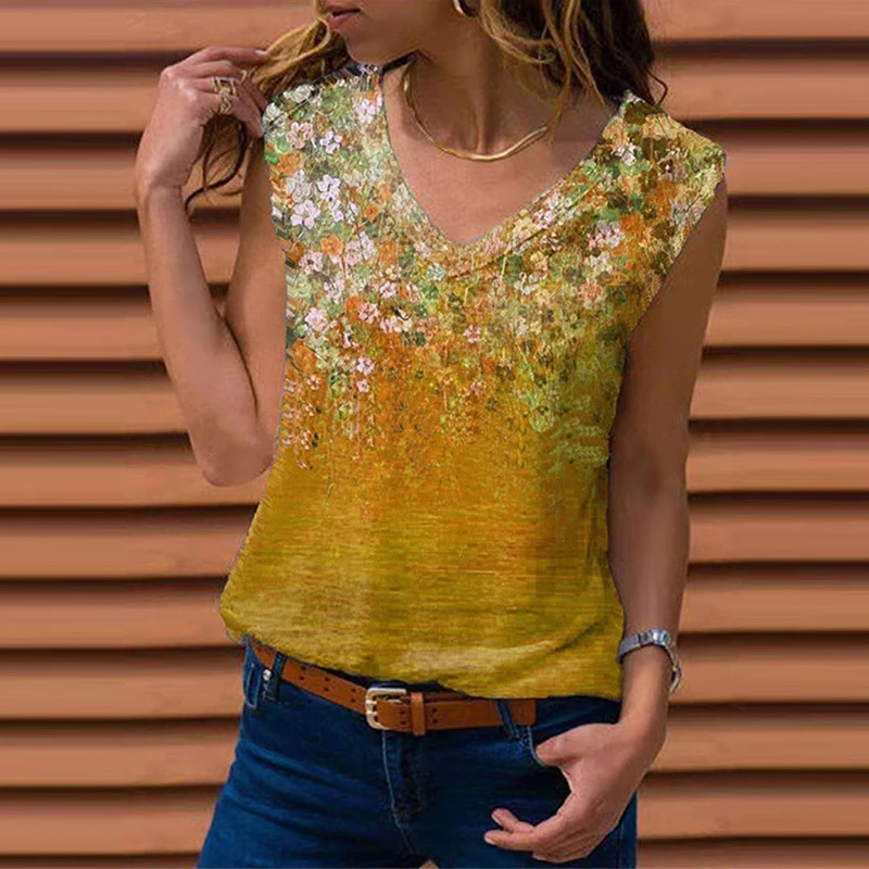 

Vintage Casual Floral Printed Loose Shirts Blusas Mujer Sexy V-Neck Blouse Shirt 2021 Summer Women Sleeveless Vest Tops Pullover