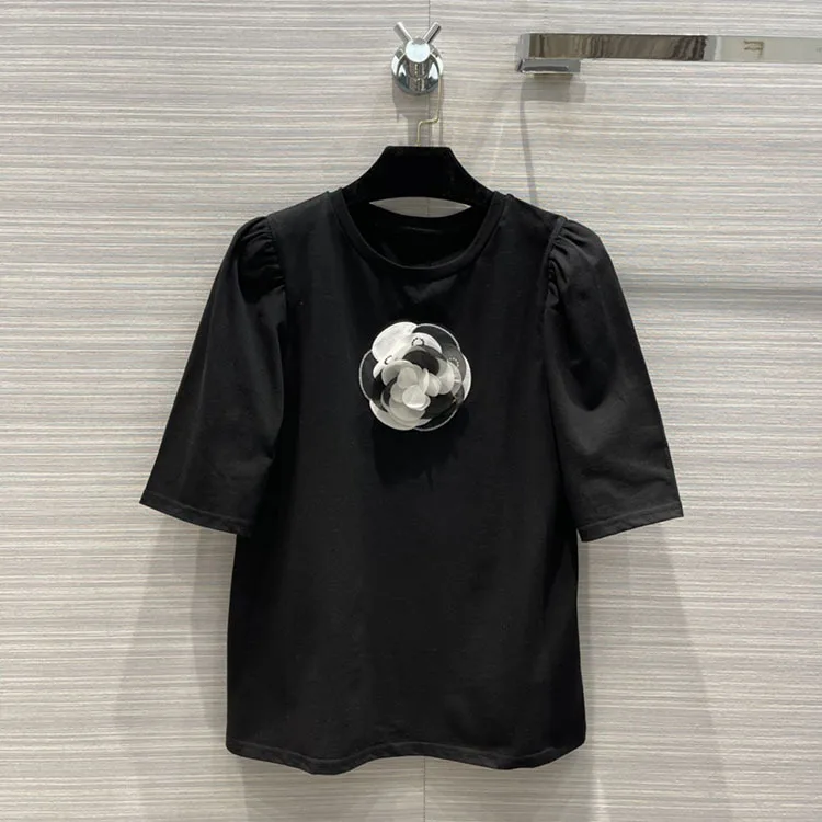 

Бренд Eureeky 2021, роскошная черная футболка с пышными рукавами, женские весенние повседневные Подиумные хлопковые футболки с трехмерным цвето...